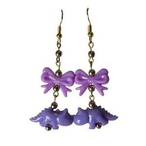 Purple Dinosaur Bow Dangle Earrings Cute Kawaii Novelty Jewelry